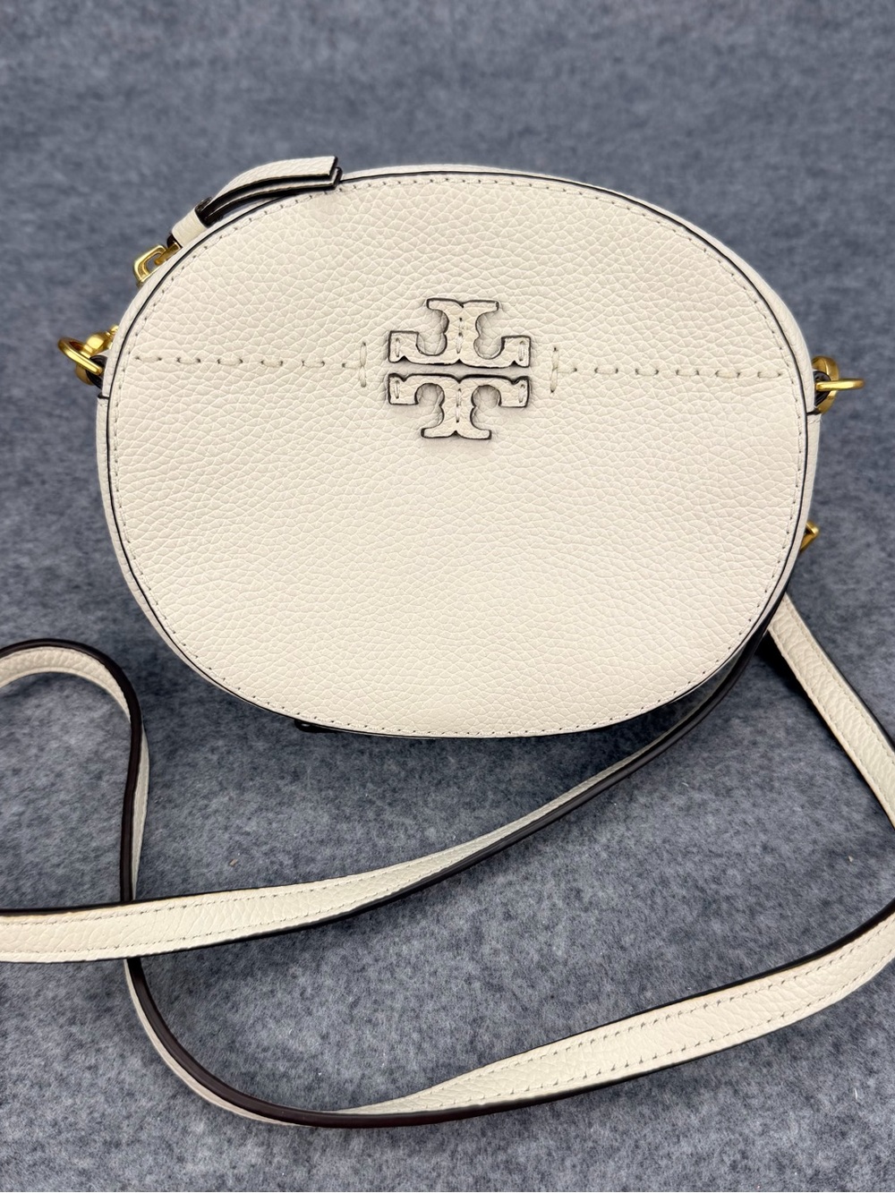 Tory Burch Perry Bombe Mini White Leather Crossbody Camera Bag Gold Hardware